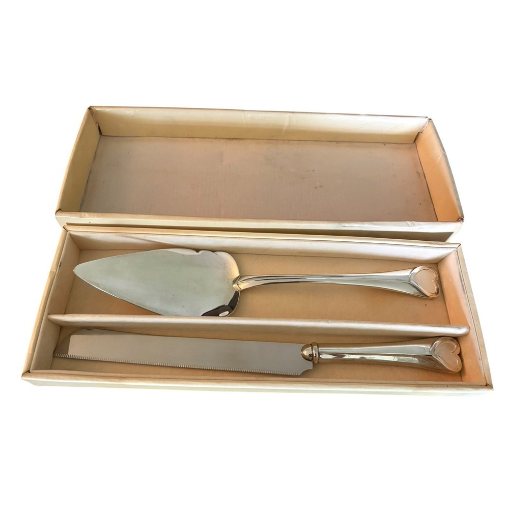 Lenox Cake Knife & Server Wedding Promises Hearts Silver Plated Dessert Set Box